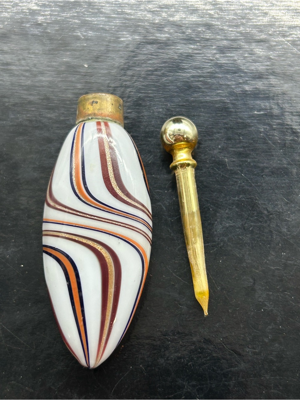 Antique German Lutz Art Glass Lay Down Scent Perfume Bottle Swirl Gold Dauber